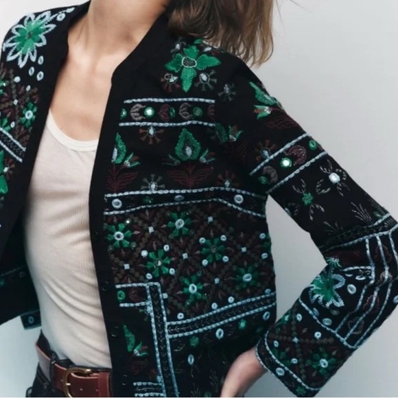 Zara EMBROIDERED Jacket BLOUSE CARDIGAN Mirror Effect Beads BLACK Med - Picture 1 of 13